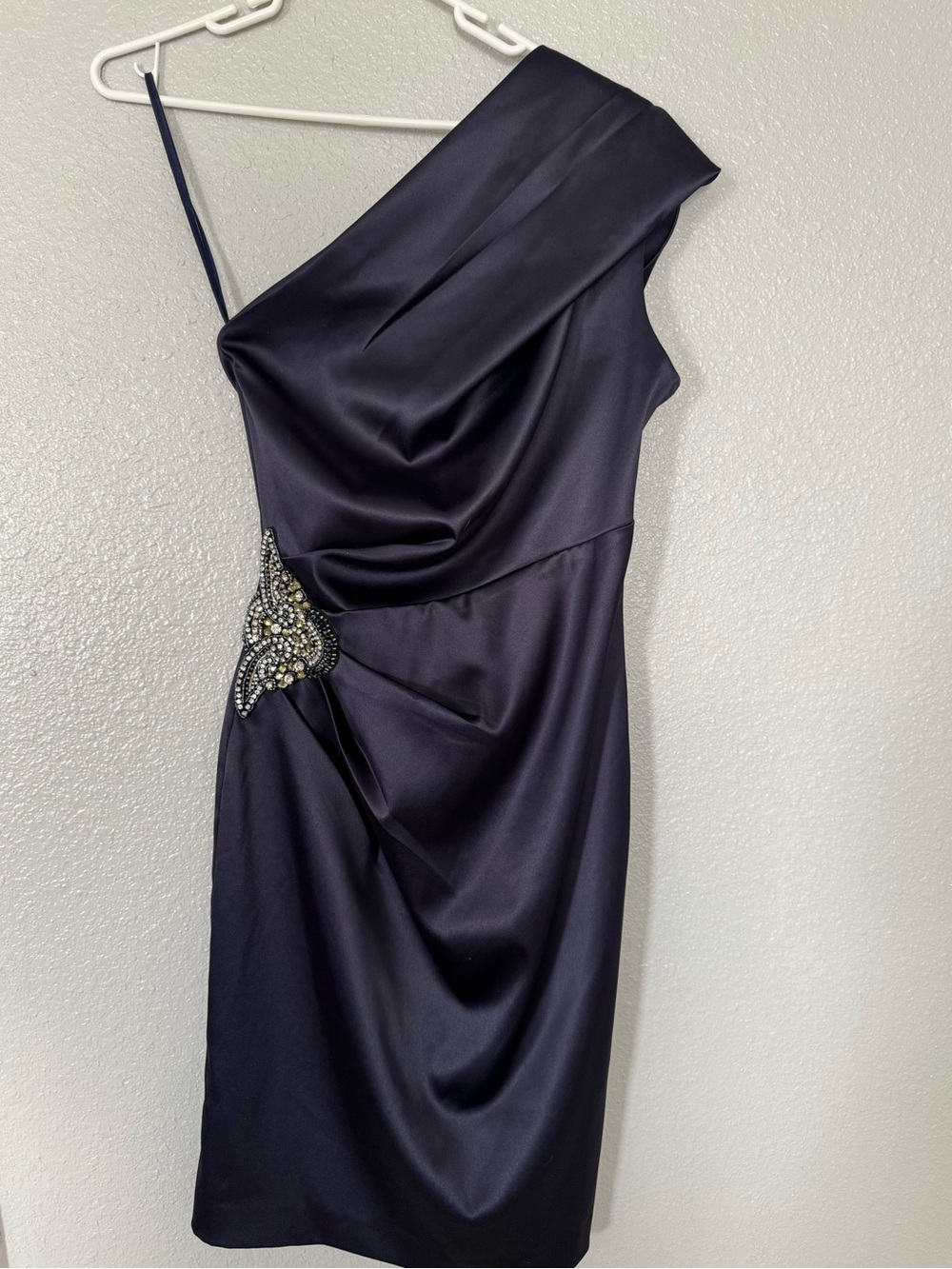 Eliza J One-Shoulder Navy Satin Dress with Beaded Accent size 4